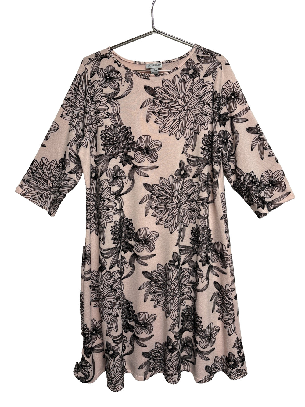 Catherine's Women's Plus Size Blush Black Floral 3/4 Sleeve Dress - Size 1X